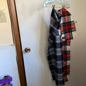 Edinburgh Woollen Mill red& white& green plaid scarf @ 50”L  7.5”W black is 48”L